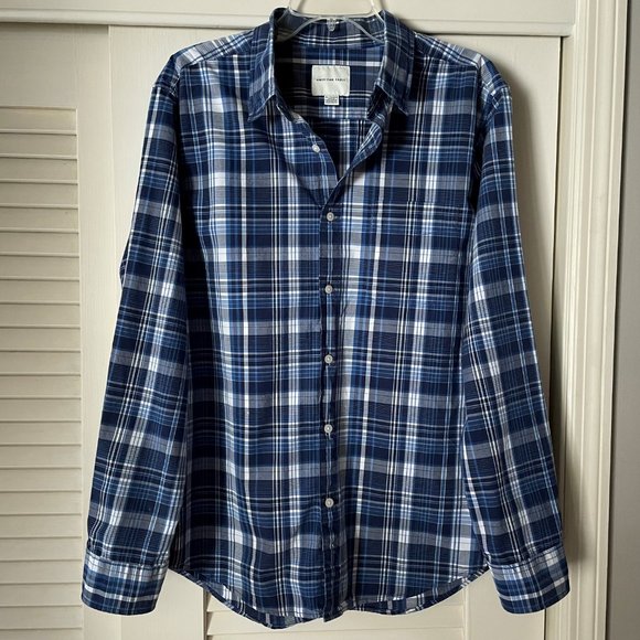 American Eagle Outfitters Blue Plaid Cotton Long Sleeve Button Down Shirt XL - Picture 6 of 8